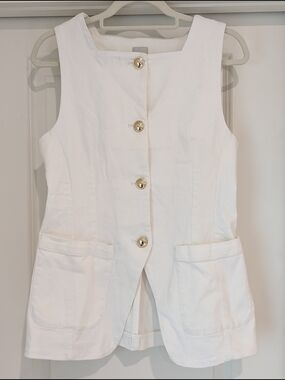 Maeve Square Neck Cut Away White Button-Front Sleeveless Denim Vest Top Size S